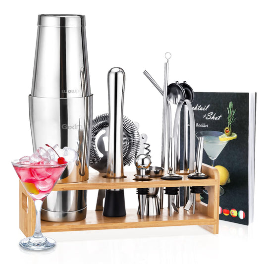 Boston Cocktail Shaker Set, 16 Stainless Steel Cocktail Set, Professional Cocktail Mix Set, 600/450ML Cocktail Shaker with Bar Accessories Bartender Set with Bamboo Stand for Home Bar Gift Set
