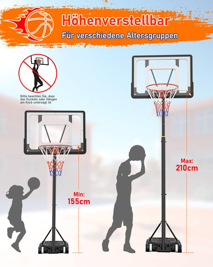 Outdoor basketball hoop for kids with adjustable height of 150-210 cm. Features a 80x60 cm shatterproof backboard, enlarged base, and wheels for easy moving. Ideal for children and teens.