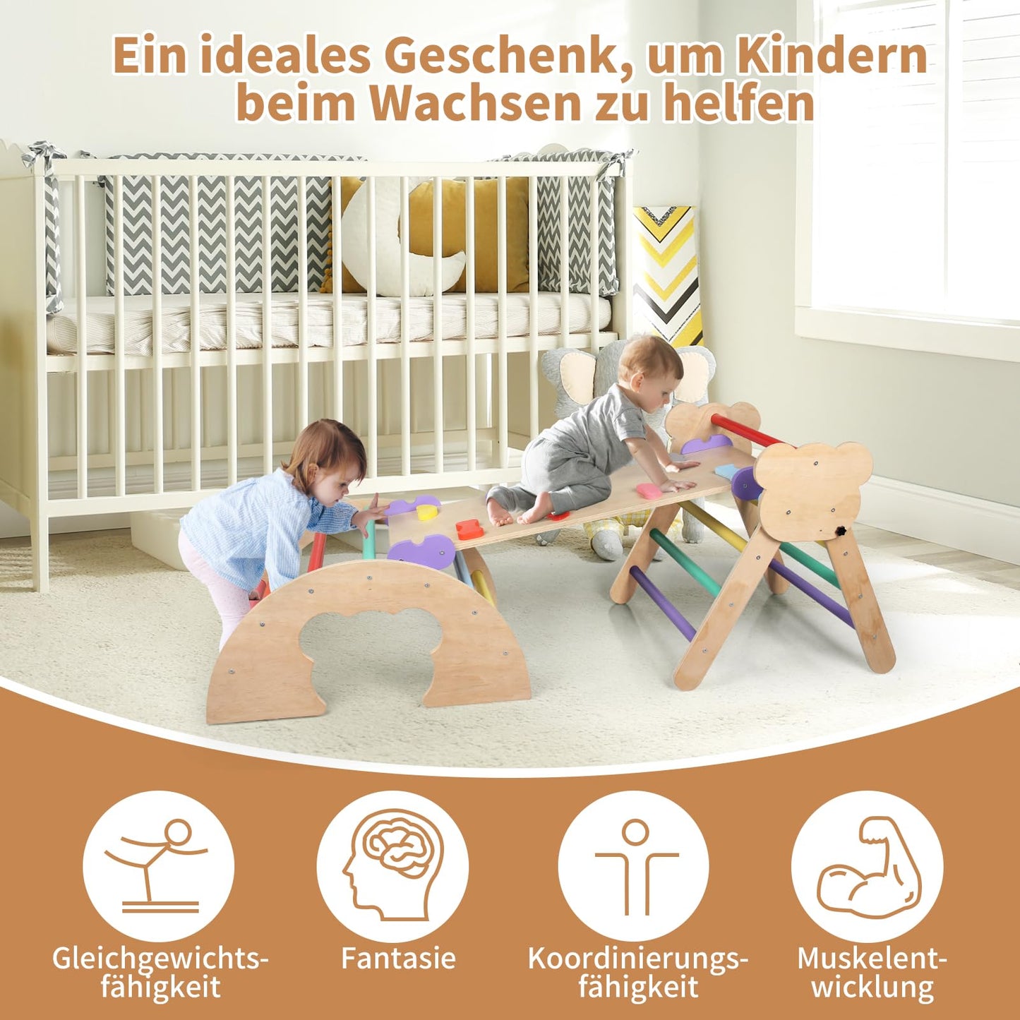 BommJokker climbing frame indoor, climbing triangle, climbing arch, climbing triangle with slide, 4 in 1 multifunctional indoor playground for children aged 3+ years (multicolored)