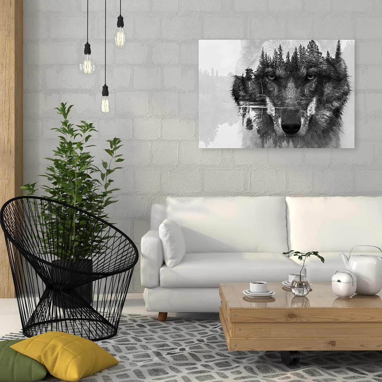 Feeby Fleece Canvas Picture Wolf Head Lake Forest 100x70 cm Print Wall Art Wall Decoration Decor Wall Aesthetic Animal Abstract Nature Black and White