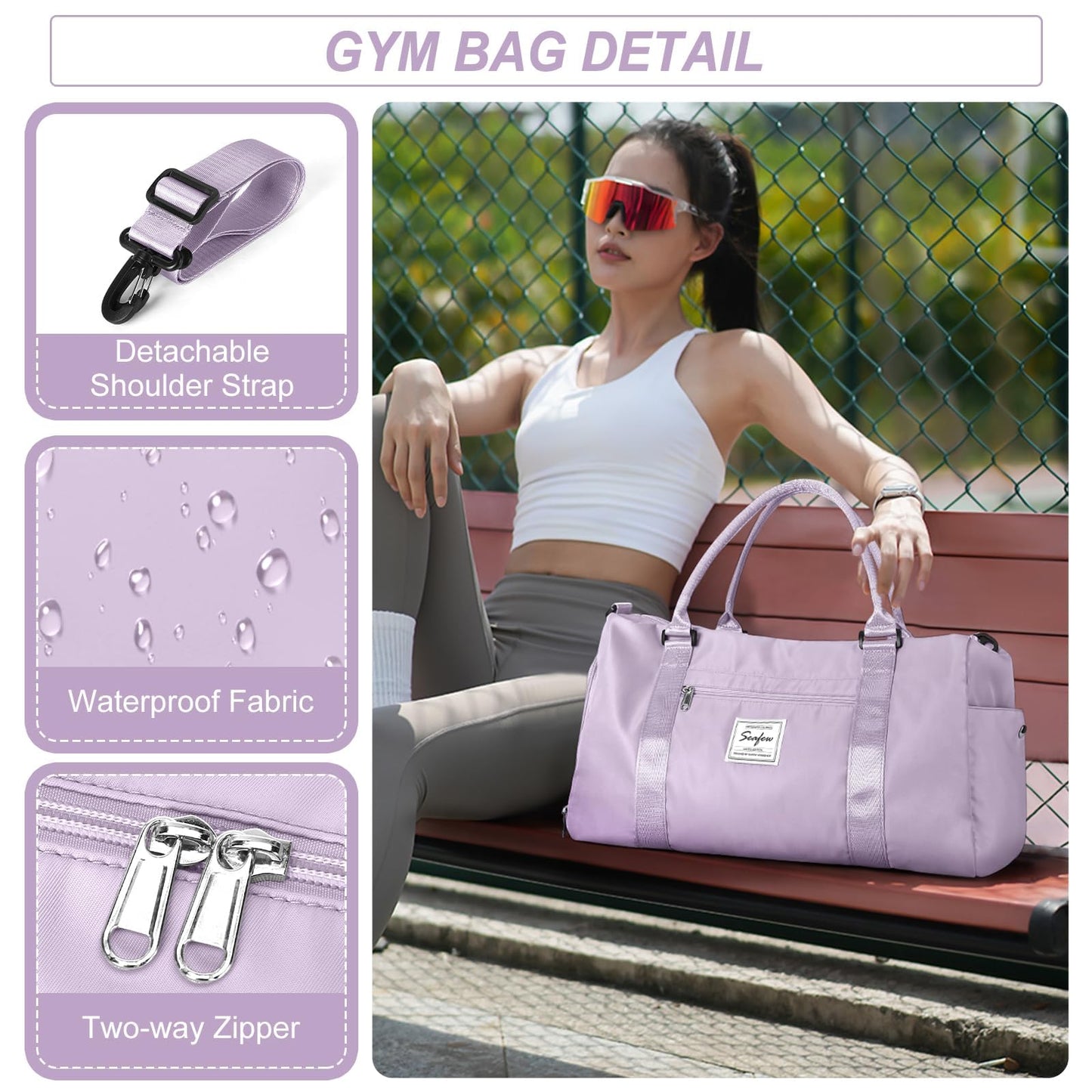 HYC00 Sport Duffel Bag for Women Men, Gym Bag with Wet Pocket & Shoe Compartment, Travel Duffel Bags Overnight Bag Travel Bag Carry on Luggage Fitness Bag Workout Bag Weekender Bag, Purple