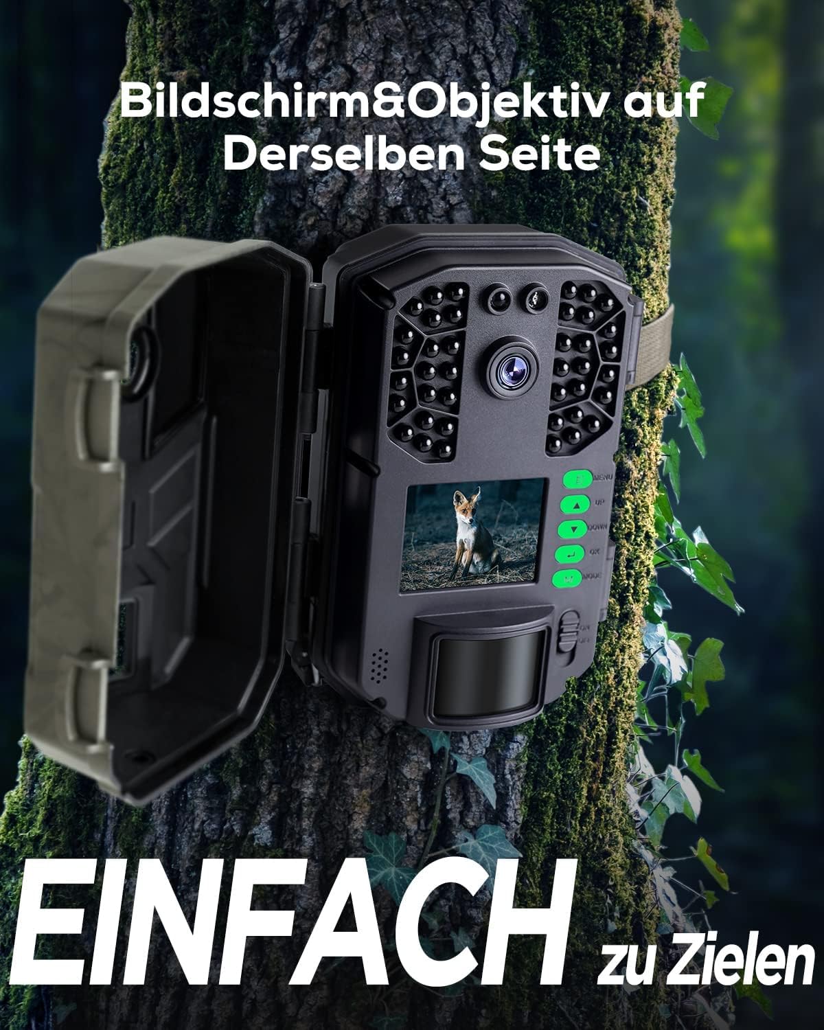 iZEEKER wildlife camera, 4K 48MP 30fps camera with motion sensor night vision wide angle lens 0.1s trigger speed 2s PIR interval IP66 waterproof with 32GB SD card and 4 AA batteries.