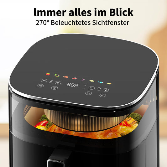 aeco TOUCH AirFryer 5.7 liter, hot air fryer with 270° illuminated viewing window & digital touch display, 1700 watts, adjustable from 80°-200°, 8 programs, includes recipe book.