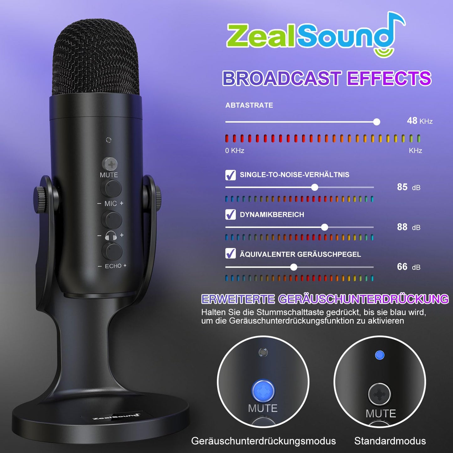 ZealSound USB Microphone, Plug & Play Condenser Mic for PC/iPhone/phone with Noise Cancellation & Mute - for Podcasts, Streamers, Gamers, YouTube, ASMR on Mac Windows PS5 - incl. USB-C & Lightning Adapter