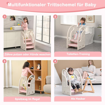 Onasti Kids Step Stool, Three-Step Height Adjustable Toddler Stool for Babies, Comfortable Handrail, Multi-Functional, Anti-Slip, Suitable for 1.5 to 6 Years - (Pink)
