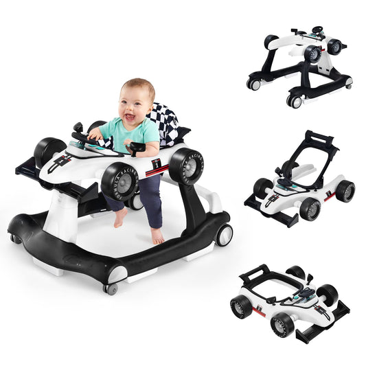 COSTWAY 4 in 1 Baby Walker, foldable with adjustable height & speed. Features music box, lights, and wheels. Suitable for babies from 6 months old, can hold up to 12kg. Color: White.