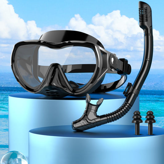 Adult Diving Mask Snorkel Set 180° Panoramic View Leak-proof Anti-leak Swimming Goggles for Diving (Silver-Black-with Snorkel)