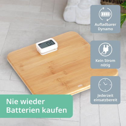 ADE Digital Body Scale without Battery | Environmentally friendly dynamo drive | Precise weighing results in 100 g increments | Weighing surface made of real bamboo wood | up to 150 kg