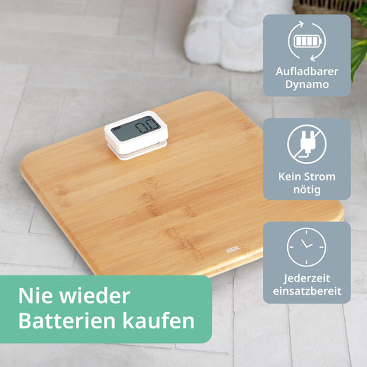 ADE Digital Body Scale without Battery | Environmentally friendly dynamo drive | Precise weighing results in 100 g increments | Weighing surface made of real bamboo wood | up to 150 kg