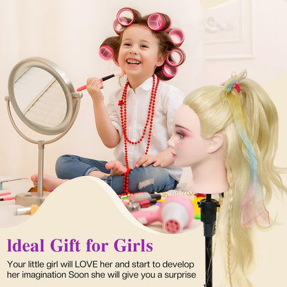 24 inch hairdressing head with 50% real hair. Ideal for practicing hair styling techniques, perfect for hairdressing students. Comes with stand and DIY hair set. Great for training hairstylists.