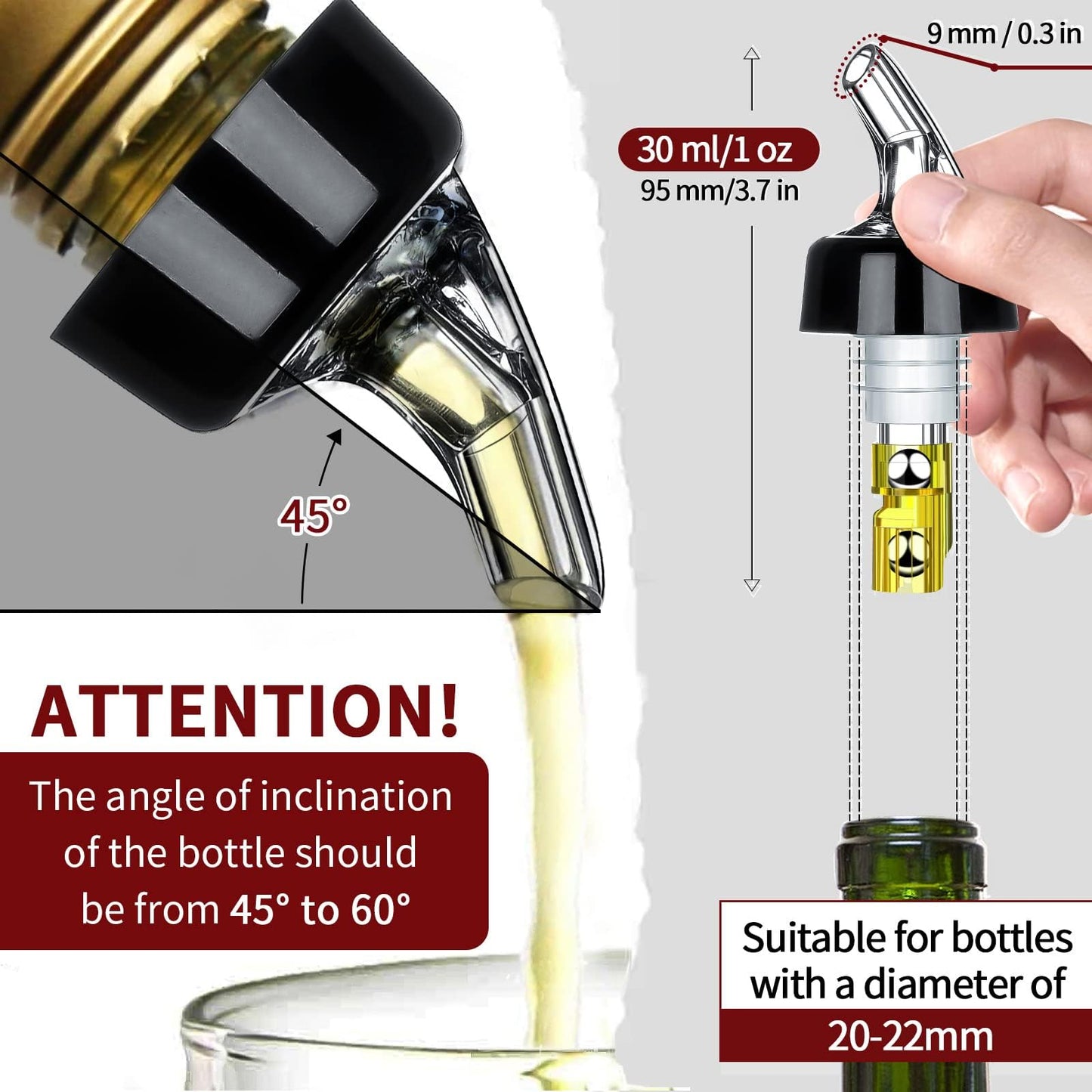 12 pieces of bottle pourer spouts with 3cl portion control and dust cover. Perfect for measuring and pouring cocktails.
