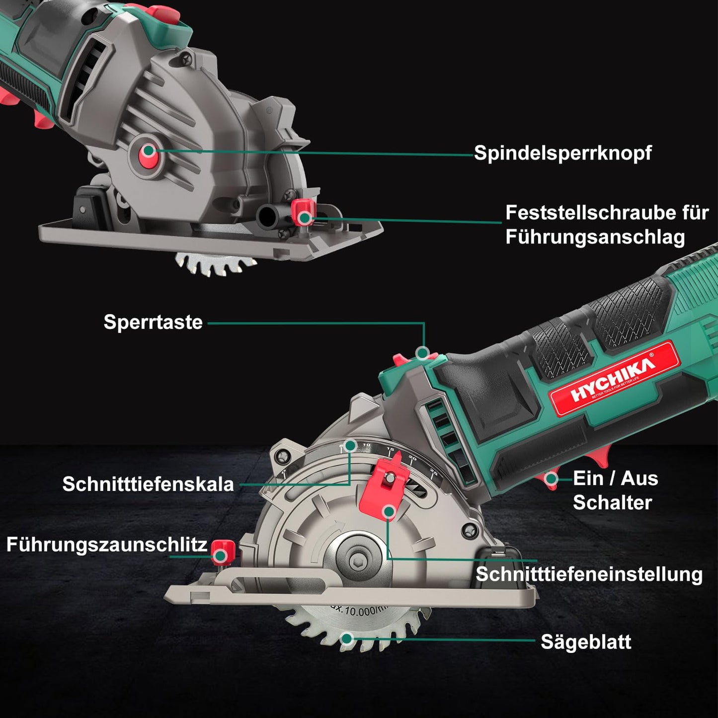 HYCHIKA Mini Circular Saw, Hand Saw with 3 Blades, Scale Ruler, 500W Pure Copper Motor, 4500RPM, Ideal for Wood, Soft Metal, Tile, and Plastic Cuts.