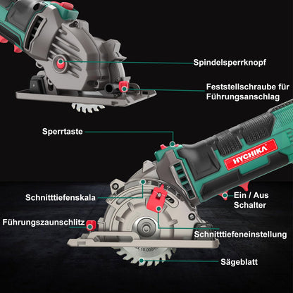 HYCHIKA Mini Circular Saw, Hand Saw with 3 Blades, Scale Ruler, 500W Pure Copper Motor, 4500RPM, Ideal for Wood, Soft Metal, Tile, and Plastic Cuts.