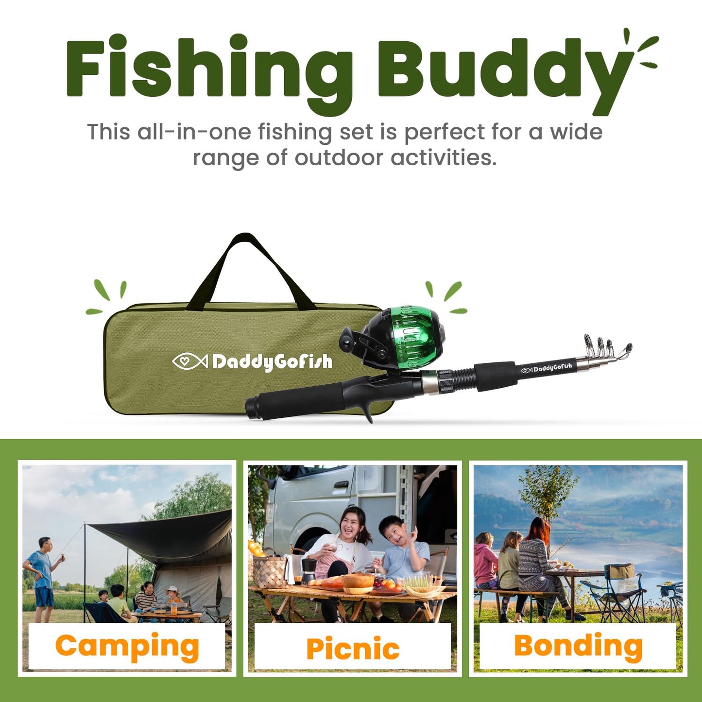 DaddyGoFish Kids Fishing Kit - Telescopic Rod & Reel Combo with Folding Chair, Rod Holder, Tackle Box, Bait Net, and Carry Bag for Boys and Girls - Green, 5ft