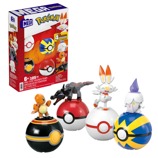 MEGA Pokémon Fire-Type Trainer team - 4 poseable Pokémon with Poké Balls, including Litwick, Charmander, Scorbunny, and Grubbin, for kids ages 6 and up, HTJ06