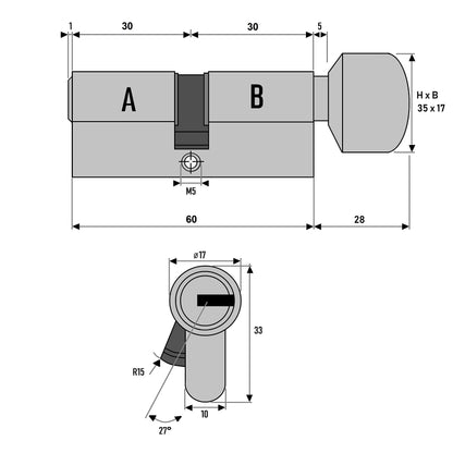 6x Cylinder lock with knob 60 mm 30/30 KD keyed alike including 20 keys