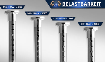 MEISENBERG Shower Curtain Rod without drilling 160-210cm, Silver, Ø 25 mm, Telescopic Curtain Rod Clips - Telescopic Rod for windows, showers and partitions.