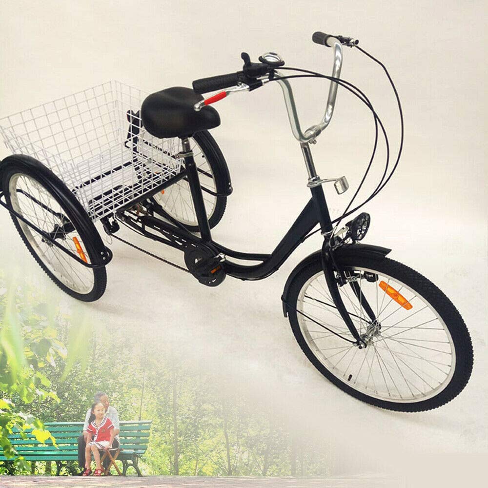 24"3 wheel tricycle for adults with light, 6-speed bike, shopping basket trike pedal bike, for outdoor shopping picnic (black)