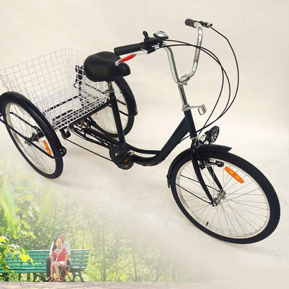 24"3 wheel tricycle for adults with light, 6-speed bike, shopping basket trike pedal bike, for outdoor shopping picnic (black)