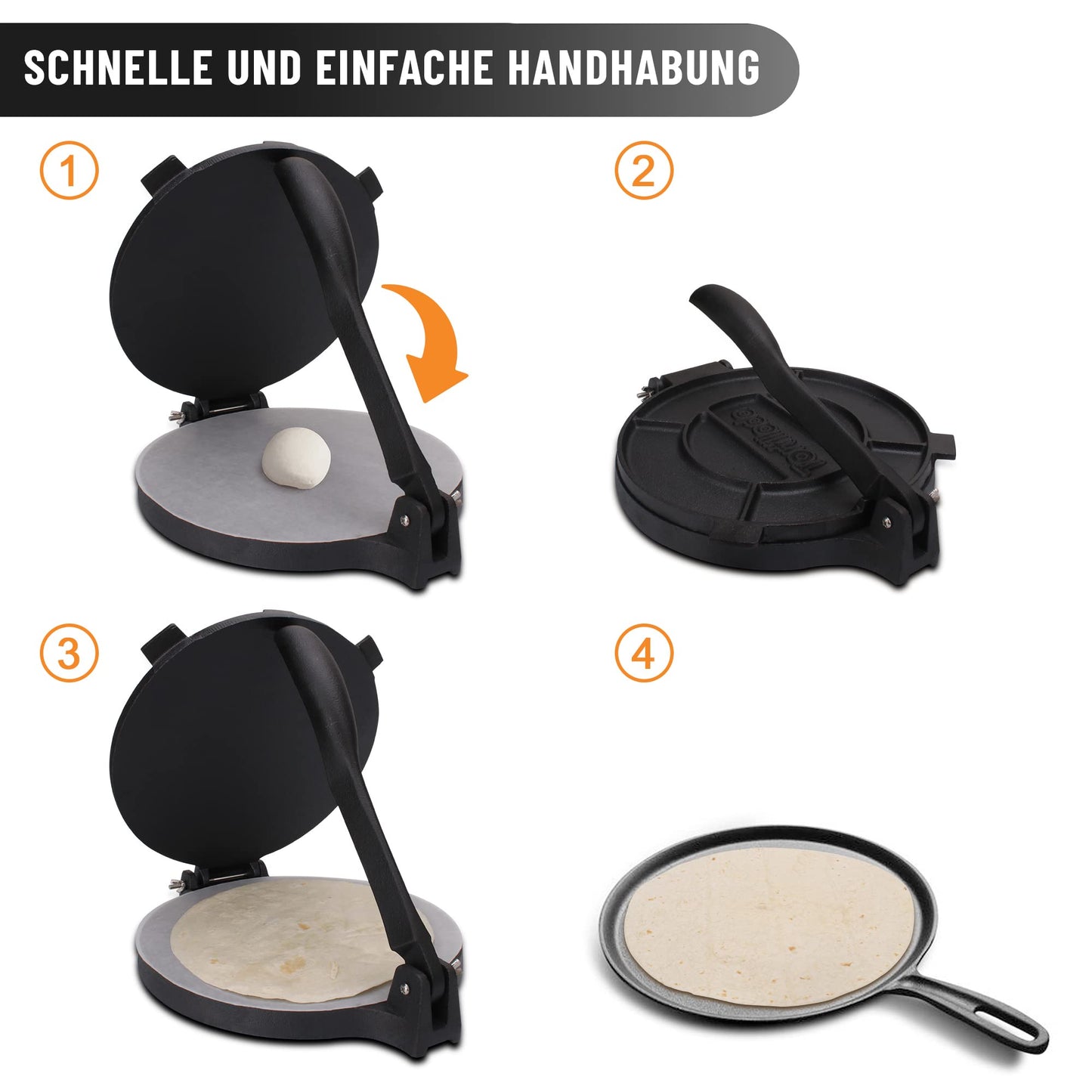 Tortilla press made of cast iron + E-book with 50 tortilla recipes + 100 x parchment paper (25cm)