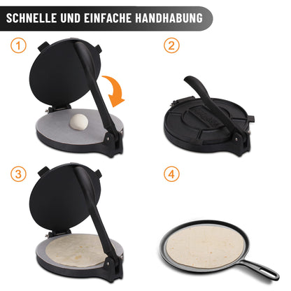 Tortilla press made of cast iron + E-book with 50 tortilla recipes + 100 x parchment paper (25cm)