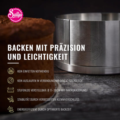Sally's cake ring 10 cm - diameter adjustable 17-30 cm - baking pan made of stainless spring band steel - with scaling & clamp closure - dishwasher safe