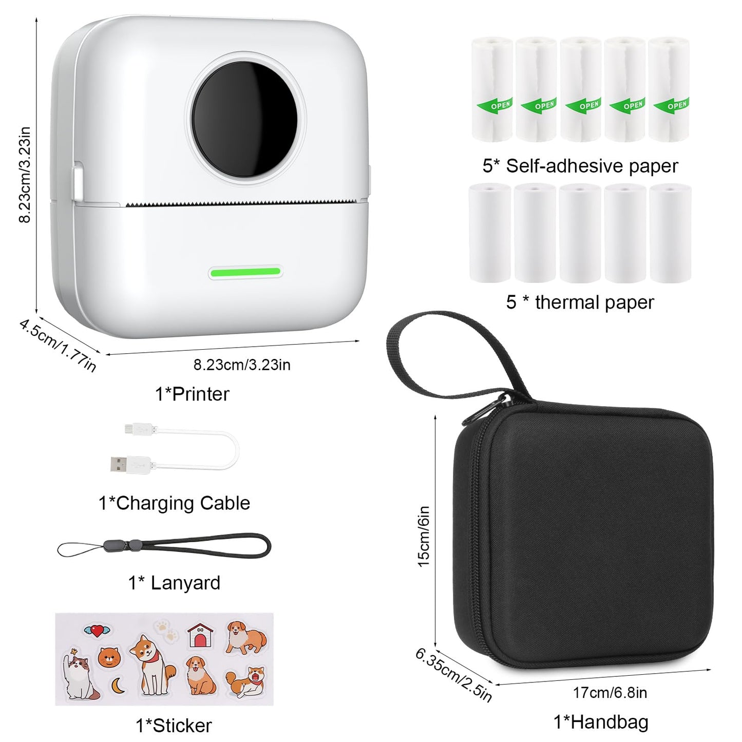 Mini printer with bag, mini label printer bag Portable mini photo printer 10 rolls of printer paper Bluetooth photo printer thermal printer for learning aids learning notes journal memo (White with Bag)