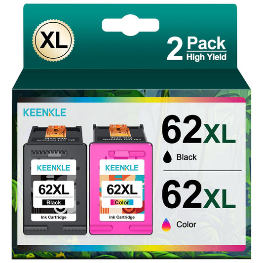 KEENKLE 62XL printer cartridges in black and color for HP 62, 62XL, Envy 5640, 5540, 7640, 5548, 5544, 5646, OfficeJet 5740, 5742, 250, 200 (2-pack, refillable, high page yield)