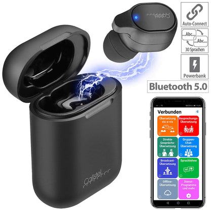 Callstel Live Translator: 2-in-1 live translator and in-ear mono headset with powerbank box & app (simultaneous translator, freisprecheinrichtung).