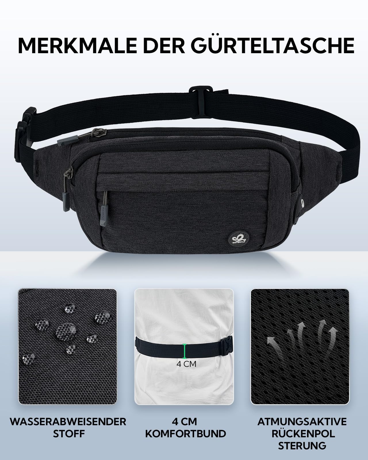 WATERFLY Waist Bag for Men and Women: Small Belt Bag Sport Bum Hip Bag for Men Women Waist Fanny Pack with Extension Belt for Travel Hiking Dog Training Outdoor Black Gray