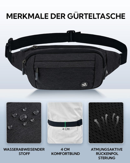 WATERFLY Waist Bag for Men and Women: Small Belt Bag Sport Bum Hip Bag for Men Women Waist Fanny Pack with Extension Belt for Travel Hiking Dog Training Outdoor Black Gray
