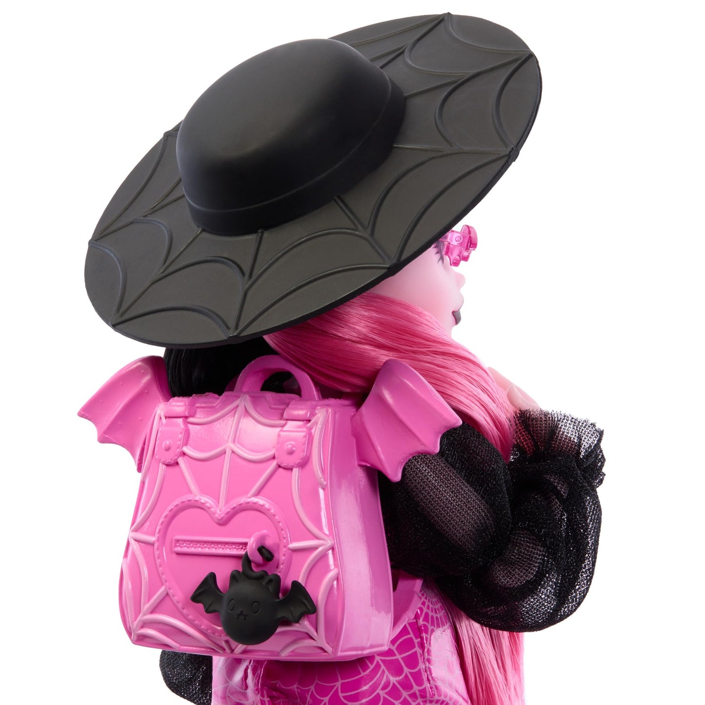 Monster High Draculaura doll with her pet, the bat cat Count Fabulous, and accessories like backpack, spellbook, bento box, and more, HRP64