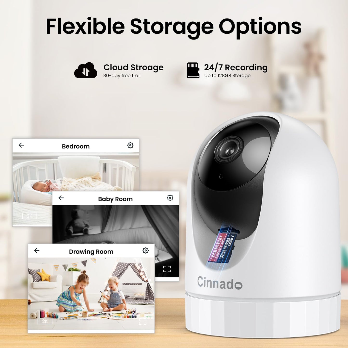 Cinnado Indoor Surveillance Camera - 2K Baby Monitor with Camera, 360 Degree WiFi Indoor Dog Camera with APP, Automatic Tracking, Two-Way Audio, Motion Detection, Night Vision, compatible with Alexa