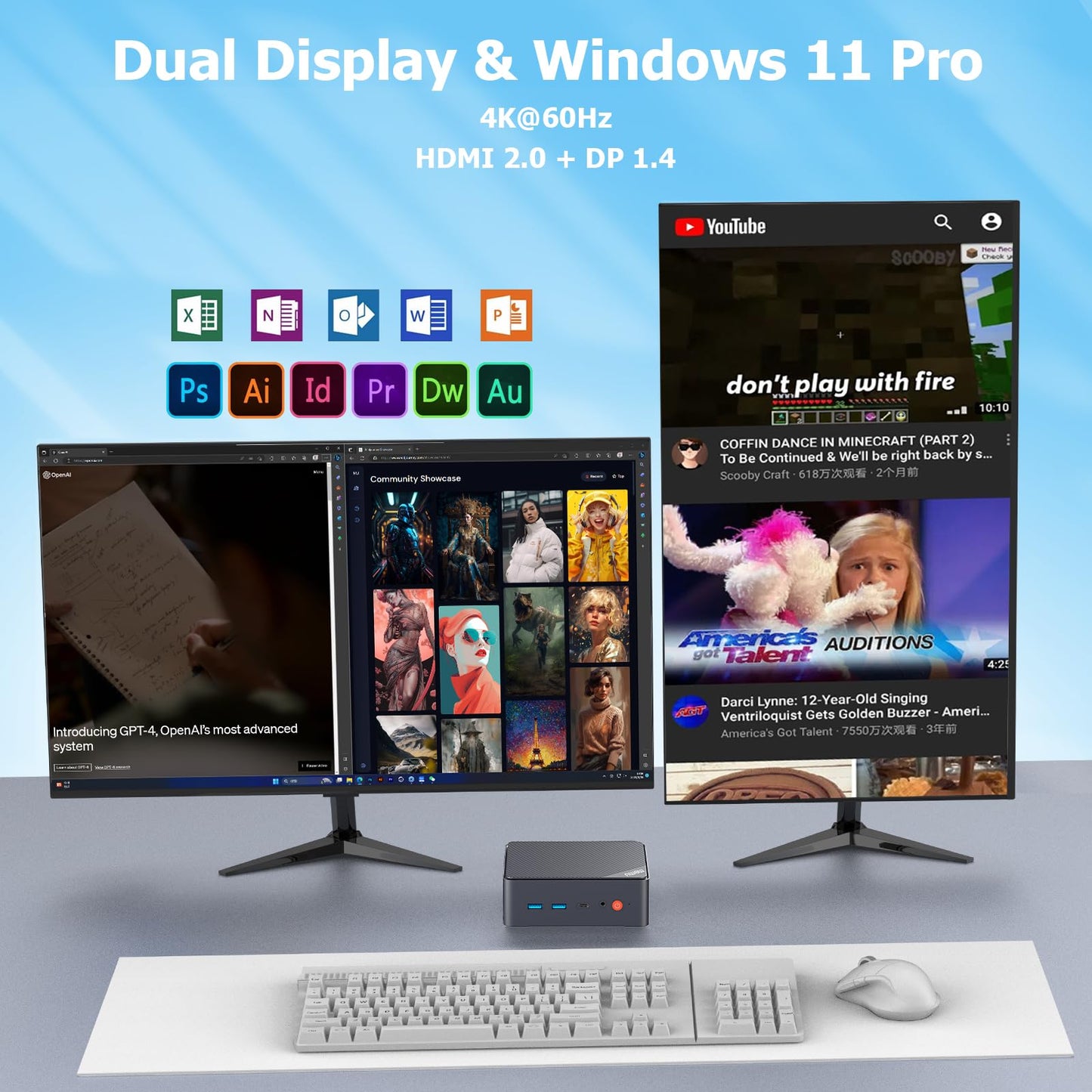 AWOW Mini PC W-11 Pro Twin Lake-N N150 Quad Core 3.60 GHz, 16 GB DDR4 3200MHz 512 GB M.2 PCIE3.0 SSD Mini Desktop Computer, Micro PC Dual Display HDMI DP 4K@60 Hz Dual RJ45 Gigabit Ethernet, AX101