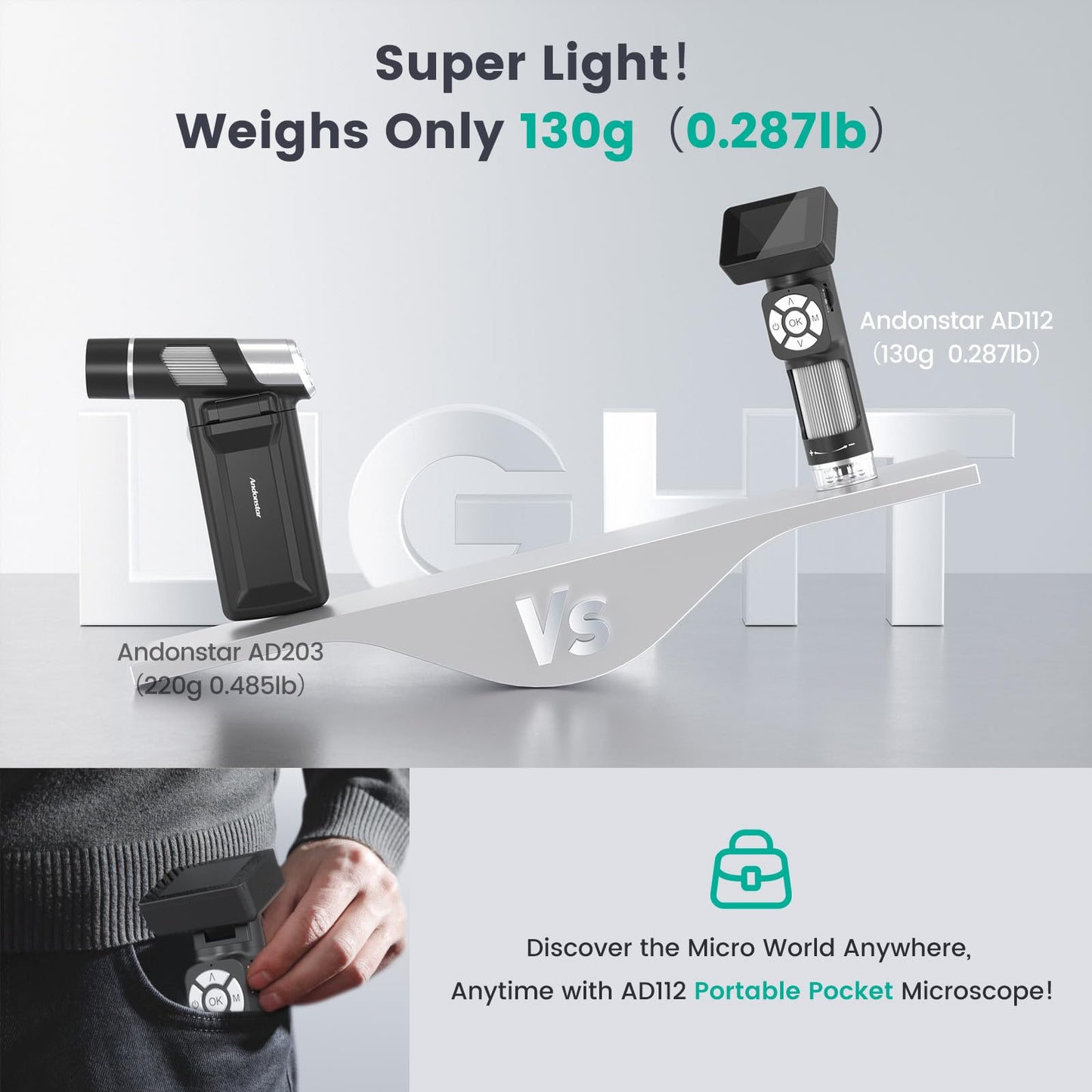 Andonstar AD112 Portable Pocket Microscope Kit for Kids and Adults with 2-inch LCD Screen, Mini Handheld Digital Microscope 500x with 8 adjustable LED lights, Windows PC compatible.