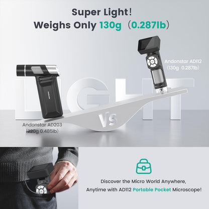 Andonstar AD112 Portable Pocket Microscope Kit for Kids and Adults with 2-inch LCD Screen, Mini Handheld Digital Microscope 500x with 8 adjustable LED lights, Windows PC compatible.
