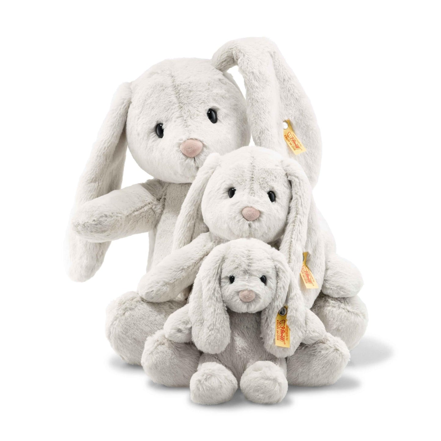 Steiff Hoppie Hare 18 cm light gray, plush toy hare with floppy ears, Soft Cuddly Friends, cuddly fabric animal for snuggling and playing, cuddly toy for girls and boys, machine washable
