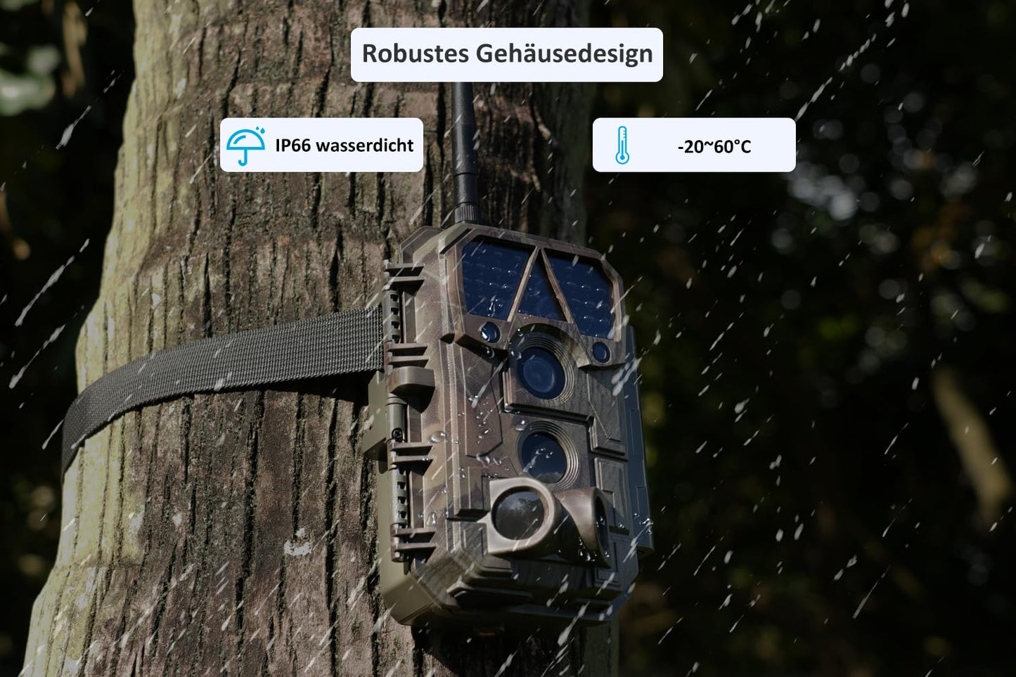 Meidase P100P Trail Camera WiFi Bluetooth, 48MP 1296P, 27m detection range, 0.1s motion activation, IP66 waterproof, mobile app transfer, 8000mAh rechargeable battery.