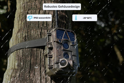 Meidase P100P Trail Camera WiFi Bluetooth, 48MP 1296P, 27m detection range, 0.1s motion activation, IP66 waterproof, mobile app transfer, 8000mAh rechargeable battery.