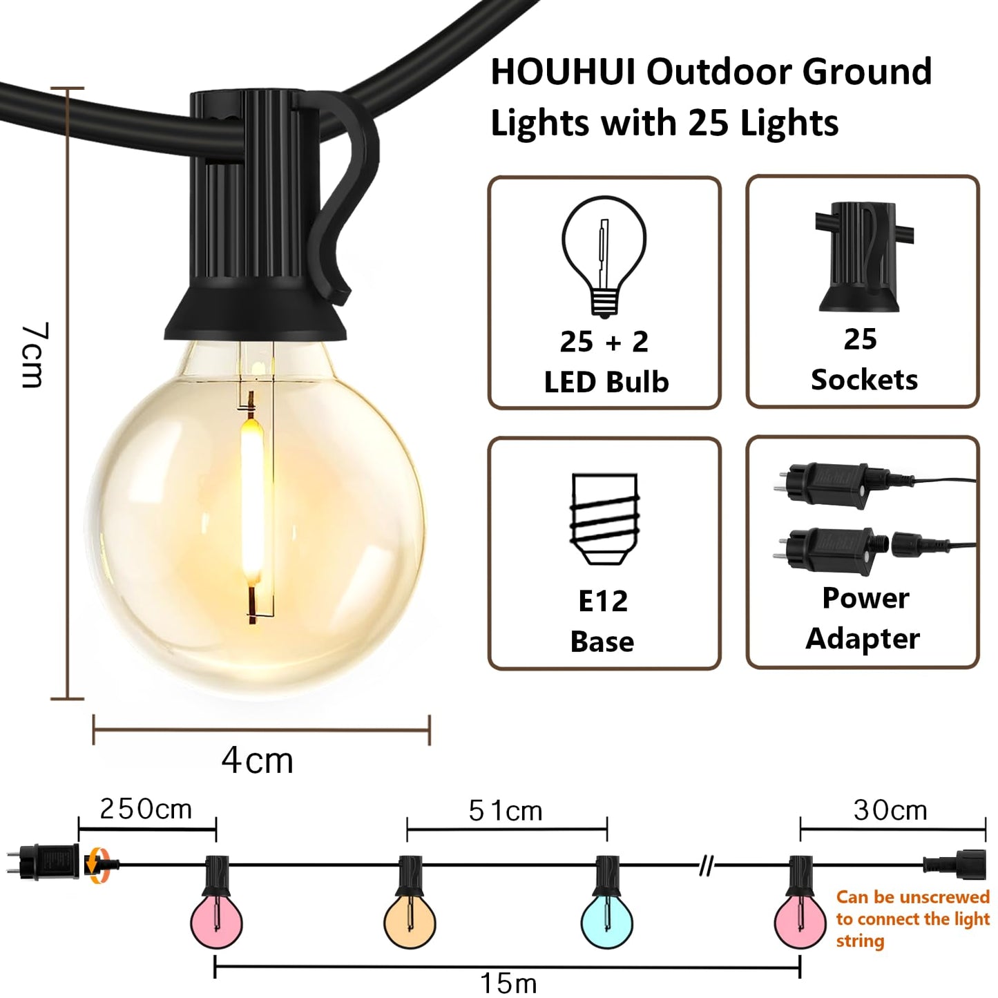 HOUHUI Outdoor String Lights 15M, RGBW with Remote Control, G40 Dimmable LED Hanging Lights Color Changing, Waterproof Christmas Lights for Weddings, Parties, 25+2 G40 Bulbs