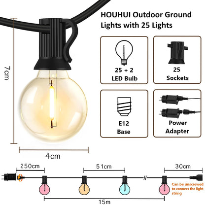 HOUHUI Outdoor String Lights 15M, RGBW with Remote Control, G40 Dimmable LED Hanging Lights Color Changing, Waterproof Christmas Lights for Weddings, Parties, 25+2 G40 Bulbs