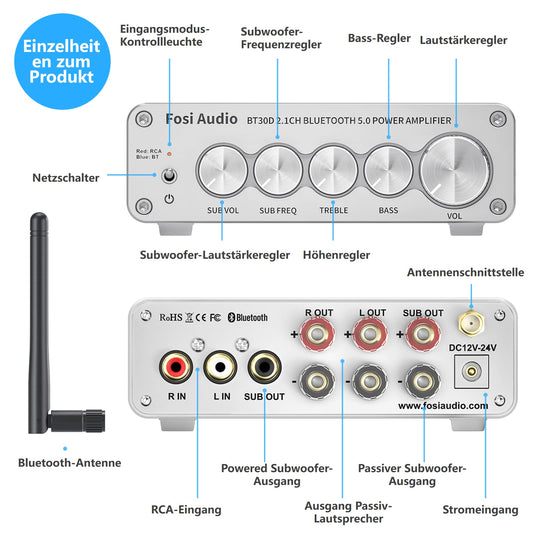 Fosi Audio BT30D-S Bluetooth 5.0 amplifier 50 Watts x2 + 100 Watts Mini Hi-Fi Stereo Audio Class D 2.1 Channel Integrated Amplifier for Home Outdoor Passive Speakers Passive/Powered Subwoofer (Silver)