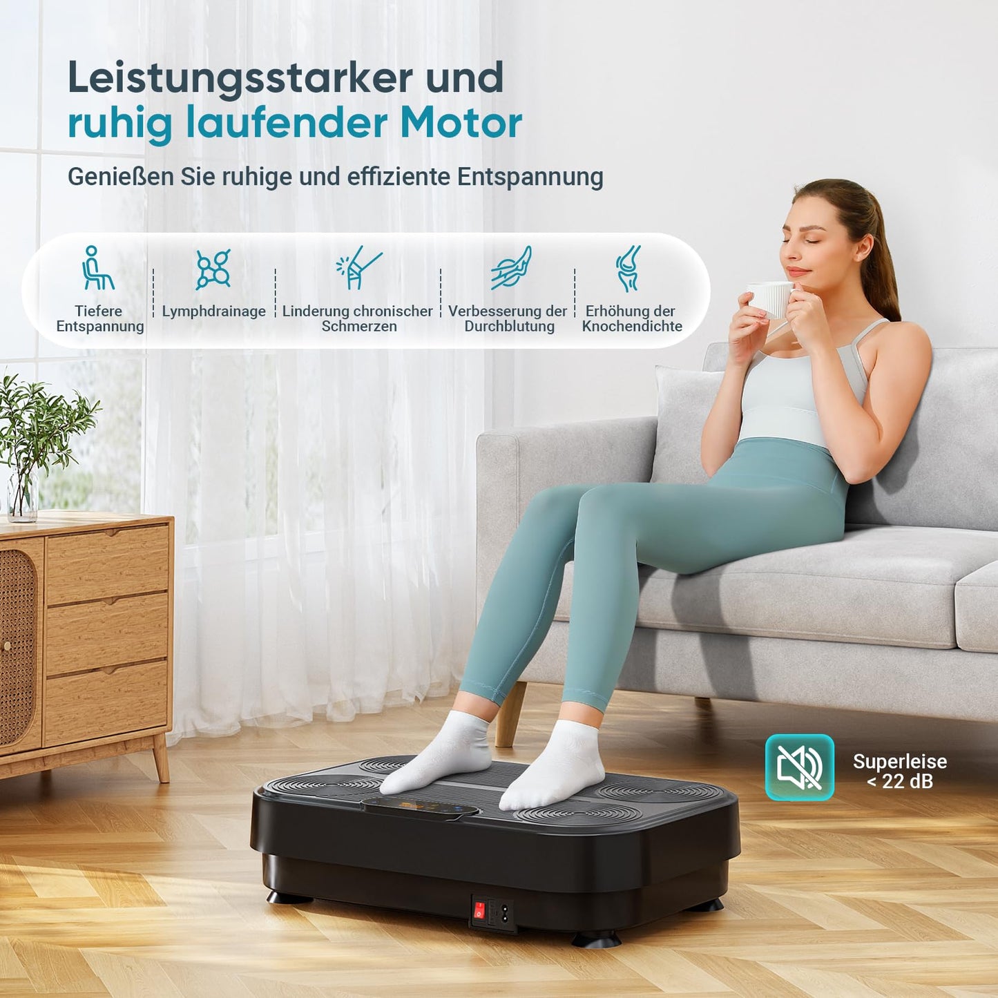 The THERUN vibration plate is a home sports vibrating plate with 1-99 different vibration intensities. It is perfect for muscle building, fat loss, and full body training. Comes with 4 fitness bands in black.