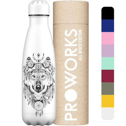 Proworks Stainless Steel Water Bottle | 24 Hrs Cold & 12 Hrs Hot - Vacuum Insulated Bottle for Sports, Running, Biking, Yoga, and Camping - 500ml - All White - Wolf Aztecs
