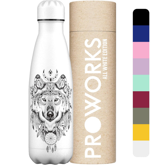 Proworks Stainless Steel Water Bottle | 24 Hrs Cold & 12 Hrs Hot - Vacuum Insulated Bottle for Sports, Running, Biking, Yoga, and Camping - 500ml - All White - Wolf Aztecs