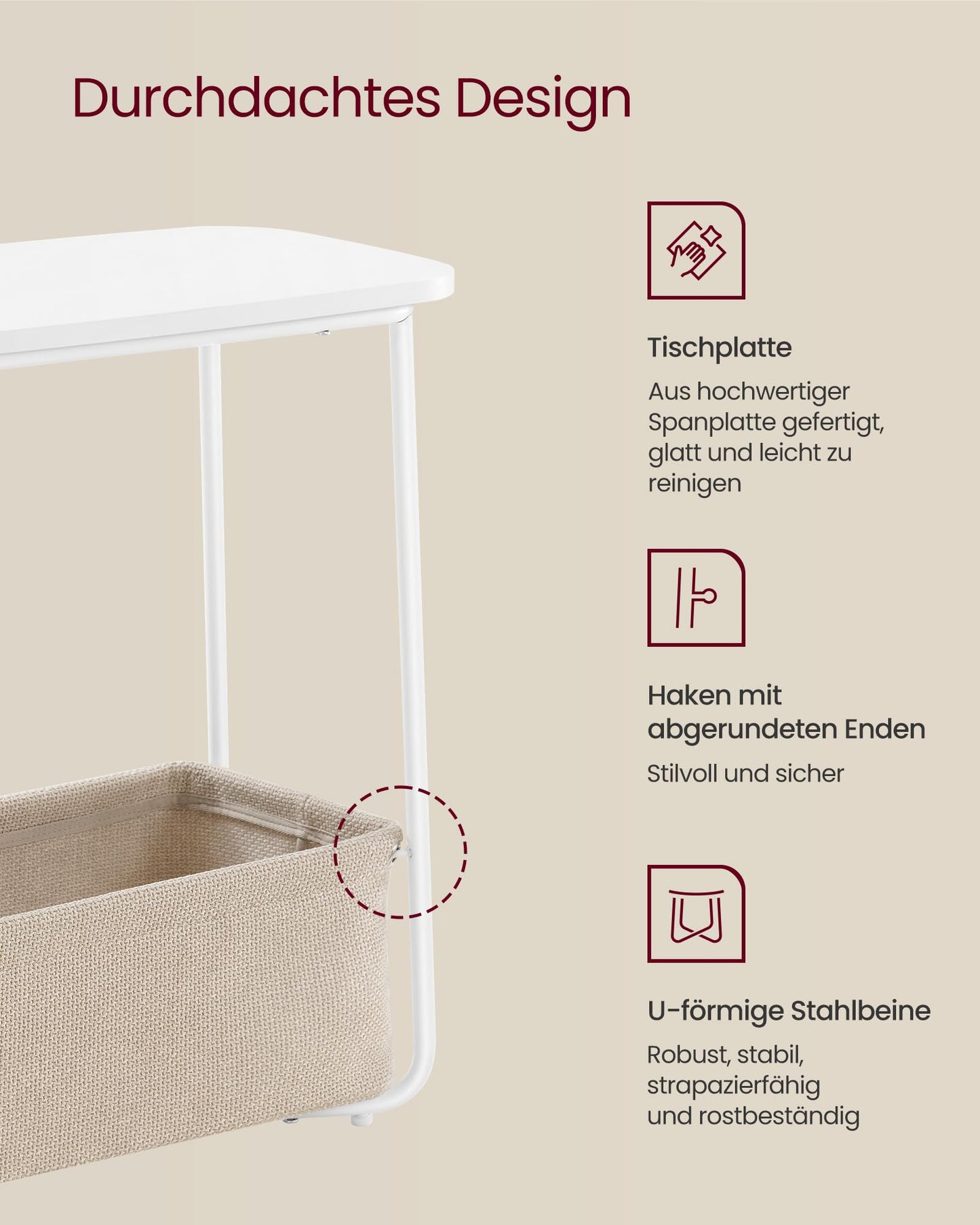 VASAGLE square side table, small table, small coffee table, living room table, fabric basket, storage for living room bedroom, modern bedside table, matte white-camel brown LET230W10