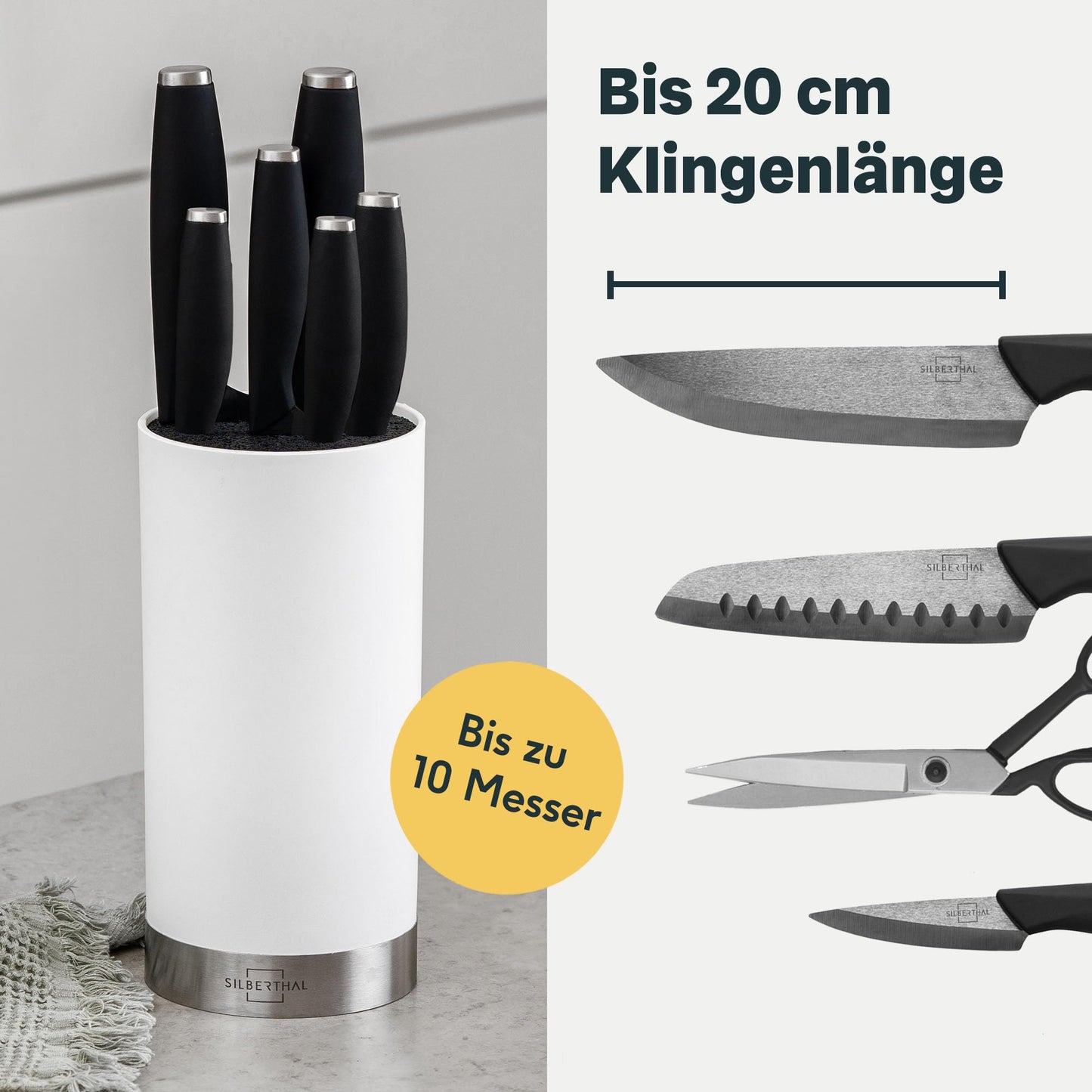 SILBERTHAL Universal knife block - removable bristle insert - without knives - unfilled - knife storage with stainless steel ring - White