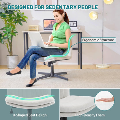 Office chair without armrests, height adjustable armless desk chair, rocking function, crossed comfortable swivel chair, ergonomic makeup chair, 360° tailor seat (White Linen)