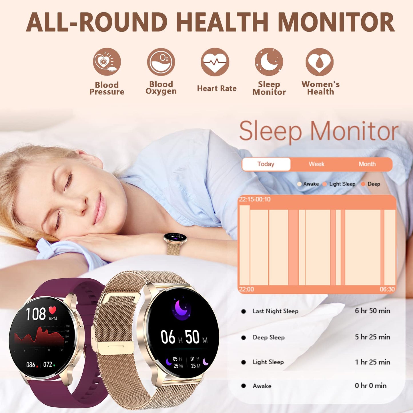 Erkwei smartwatch for women with phone function 1.32" touchscreen fitness tracker with pedometer heart rate sleep monitor waterproof watch for iOS Android