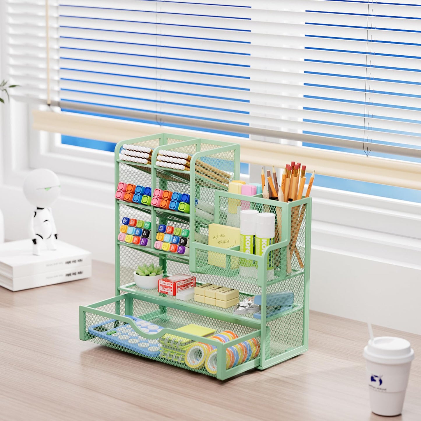 Marbrasse Mesh Desk Organizer, Multifunctional Pen Holder with Drawer, Storage Shelf for School Home Office Supplies (Green)
